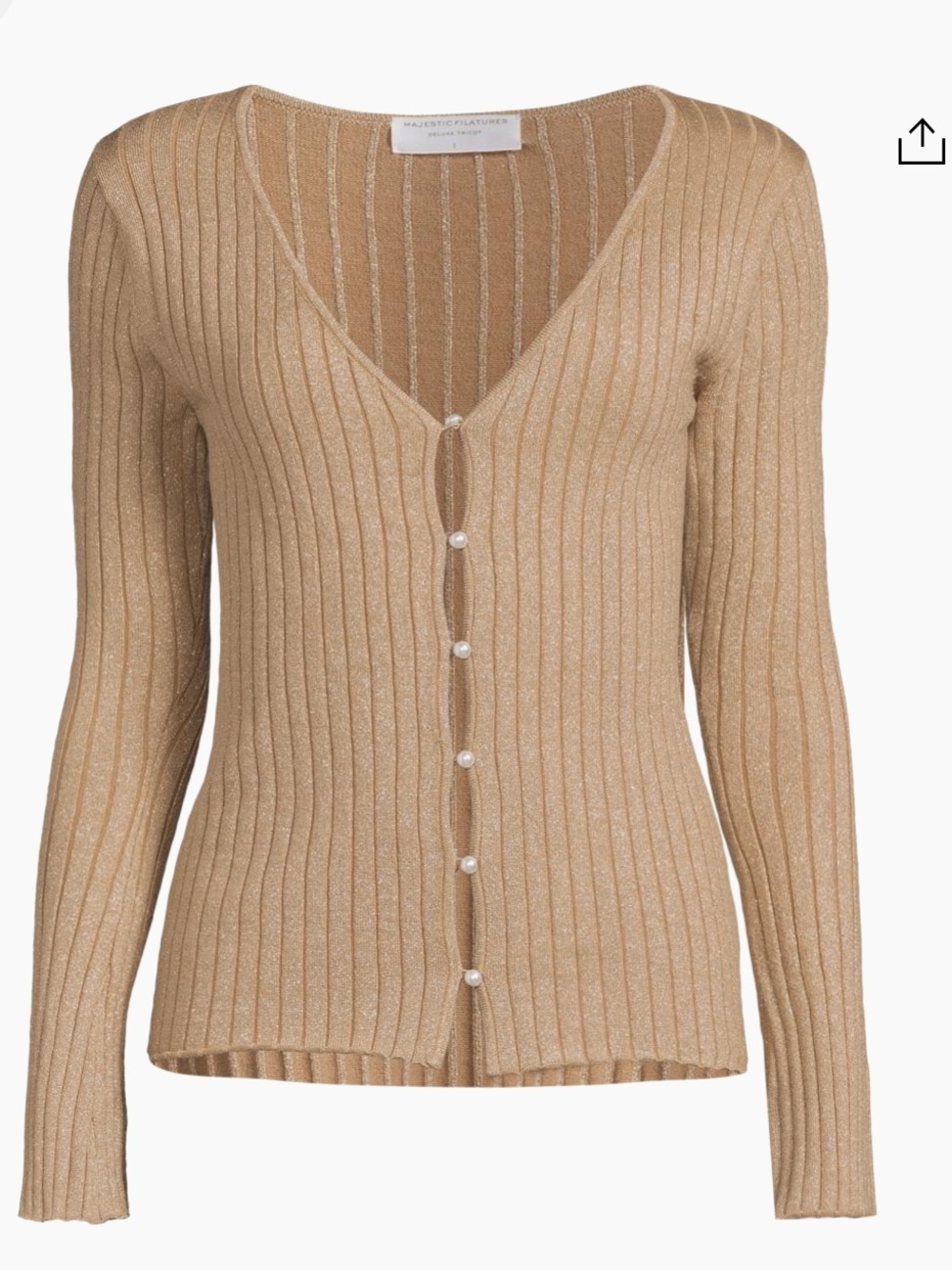 Metal Bronze Ribbed V-Neck Cardigan with Pearl Buttons